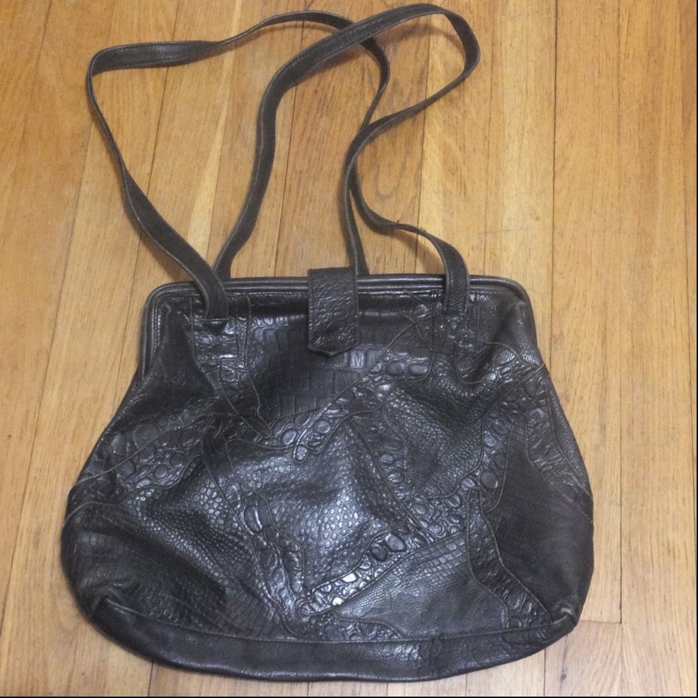 80s Black Reptile Leather Patchwork Satchel Shoulder Bag